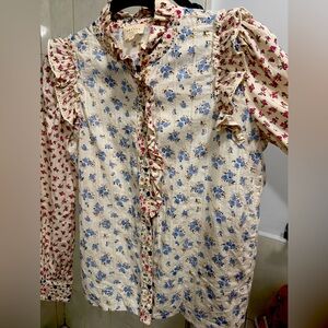 Sezane Floral Ruffle Blouse - Cream and Blue